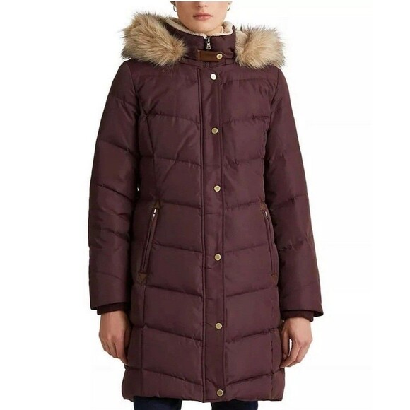 Ralph Lauren women's Faux-Fur-Trim Hooded Down Puffer Coat Burgundy Plus Size 3X - Picture 14 of 16